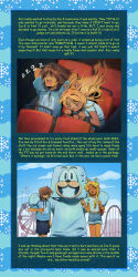  >_< 1girl 2others absurdres alt_text antlers arm_around_shoulder black_shorts blonde_hair blue_shirt blue_shorts brown_hair commentary deer_antlers deer_girl deltarune denim denim_shorts drooling english_commentary english_text ferris_wheel floating_hair furry furry_female goomyloid highres horns ice-e kris_(deltarune) long_hair mascot_costume multiple_others noelle_holiday print_shirt riding_roller_coaster roller_coaster shirt short_hair shorts sitting snowflakes thumbs_down utdr_(toby_fox) white_shirt zzz 