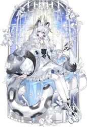  1girl absurdres ambience_synesthesia animal_ear_fluff animal_ears arknights blue_background boots braid cage chandelier chinese_commentary commentary_request detached_sleeves dress flower full_body gold_trim grey_eyes grey_hair hair_between_eyes hao_xiang_chi_shanzhu highres holding holding_scepter jewelry long_hair long_sleeves looking_at_viewer necklace official_alternate_costume pantyhose pramanix_(arknights) pramanix_the_prerita_(arknights) pramanix_the_prerita_(hymn_to_sunbreak)_(arknights) rose scepter sitting snow_leopard_ears snow_leopard_girl snow_leopard_tail snowflakes solo tail twin_braids very_long_hair white_boots white_dress white_flower white_pantyhose white_rose white_sleeves 