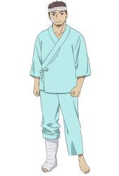  1boy bandaged_head bandages blue_pants brown_hair cast closed_mouth collarbone facial_hair full_body goatee highres hospital_gown kono_hon_wo_nusumu_mono_wa kurosawa_keiko leg_cast looking_at_viewer male_focus mikura_ayumu official_art pants short_hair simple_background single_bare_foot smile solo tachi-e toes transparent_background very_short_hair 