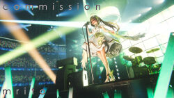 1girl absurdres bracelet clover dress drum drum_set flower four-leaf_clover full_body high_heels highres instrument jewelry kneehighs long_hair microphone mr_ito nijisanji open_mouth people red_eyes socks solo_focus spotlight virtuareal white_dress yousa 