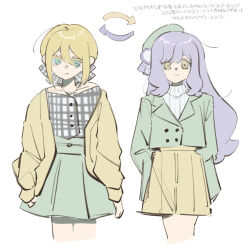  2girls beret blonde_hair blue_hair cardigan closed_mouth commentary cosplay costume_switch emma_grace_rosenthal green_eyes green_hat grey_shirt hair_between_eyes hat highres ingoagame jewelry jougasaki_suzuran logo long_hair multiple_girls necklace shirt short_hair simple_background skirt tayutau_koi_no_chirigiwa_ni translation_request untranslatable_commentary white_background yellow_cardigan yellow_skirt 