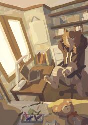  1other absurdres book brown_fur brown_hair brown_hoodie brown_tail brown_theme chair clock computer expressionless furry highres hood hoodie indoors laptop ndfrskr no_lineart notepad original other_focus pawpads shelf side_ponytail stuffed_animal stuffed_toy table teddy_bear warm_colors 