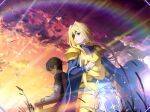  1boy 1girl alice_zuberg armor armored_dress black_hair blonde_hair blue_cape blue_eyes bow breastplate cape closed_mouth clouds eyepatch faulds floating_hair game_cg gradient_sky hair_bow hair_intakes hairband kirito long_hair outdoors ponytail profile short_hair shoulder_armor sidelocks sitting sky standing sunlight sword_art_online sword_art_online:_alicization_rising_steel very_long_hair white_bow white_hairband 
