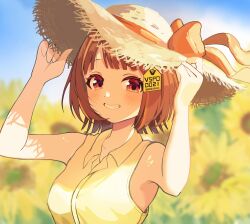  1girl adjusting_clothes adjusting_headwear alternate_costume blue_sky blurry blurry_background brown_hair collared_shirt commentary_request flower grin hair_ornament hands_up hat highres kizinn0526 looking_at_viewer outdoors red_eyes revision sendo_yuuhi shirt short_hair sky sleeveless sleeveless_shirt smile solo straw_hat sun_hat sunflower virtual_youtuber vspo! yellow_flower yellow_hat yellow_shirt 