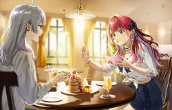  2girls blue_bow blue_bowtie blue_eyes blue_nails blue_skirt blurry blurry_background bow bowtie bracelet braid cafe cellphone chair colored_inner_hair commentary cup drink drinking_straw ear_piercing earrings food from_side grey_hair grey_shirt hair_intakes hair_ornament hair_ribbon hairclip highres holding holding_phone holding_spoon indoors ishigami_nozomi ishigami_nozomi_(school_uniform) jewelry kuramochi_meruto kuramochi_meruto_(school_uniform) long_hair long_sleeves midriff multicolored_hair multiple_girls nail_polish necklace nijisanji open_hand open_mouth pancake phone piercing pink_streaks plate pudding purple_streaks red_eyes red_hair restaurant ribbon ring sabae_38 school_uniform shirt sitting skirt sleeves_rolled_up smartphone spiked_ear_piercing spoon streaked_hair stud_earrings table taking_picture tied_shirt virtual_youtuber window x_hair_ornament 
