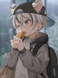  1boy absurdres animal_ears backwards_hat bag baseball_cap black_streaks child coat eating from_side hair_between_eyes hat highres hood hood_down hooded_coat male_focus multicolored_hair omurice_(roza4957) open_mouth original school_bag short_hair shoulder_bag streaked_hair sweat sweater teeth tiger_ears tongue upper_body white_hair 