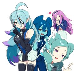  ... 4girls ab0_0001 absurdres ahoge alien aqua_hair artist_name beta_(inazuma_eleven) black_gloves black_hairband black_thighhighs blue_eyes blue_eyeshadow blue_hair blue_lips blue_pants blue_shirt blue_skin blush closed_eyes colored_skin colored_tips commentary double_bun dress elbow_gloves eyeshadow gloves hair_bun hairband hand_up heart highres hilary_flail holding_own_hair inazuma_eleven_(series) inazuma_eleven_go inazuma_eleven_go_chrono_stone inazuma_eleven_go_galaxy index_finger_raised juliet_sleeves long_hair long_sleeves looking_at_another makeup meia_(inazuma_eleven) multicolored_hair multiple_girls nervous open_mouth own_hands_together pants pleated_skirt pointy_ears powai_pichori puffy_sleeves purple_hair sazanaara_eleven shirt skirt smile spoken_ellipsis standing thigh-highs untranslatable_commentary very_long_hair violet_eyes white_background white_dress white_skirt 