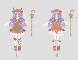  1girl a-pose absurdres blue_bow blush boots bow bowtie candy candy_cane capelet chinese_commentary christmas closed_mouth commentary_request crescent crescent_hat_ornament dress food full_body fur-trimmed_capelet fur_trim gan_cao_xuan_mi_su glasses green_bow green_bowtie grey_background hair_bow hat hat_ornament highres kneehighs leg_ribbon looking_at_viewer mob_cap multiple_hair_bows multiple_views patchouli_knowledge purple_hair red_boots red_bow red_capelet red_dress red_hat ribbon santa_costume sketch smile socks touhou violet_eyes white_socks 