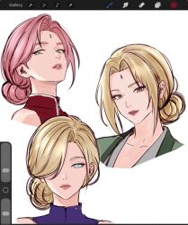  3girls alternate_hairstyle art_program_in_frame blonde_hair blue_eyes boruto:_naruto_next_generations boruto_(series) brown_eyes chococurrent commentary english_commentary eyelashes facial_mark forehead_mark green_eyes hair_bun hair_over_one_eye haruno_sakura highres looking_at_viewer multiple_girls naruto_(series) parted_lips pink_hair smile tsunade_(naruto) upper_body white_background yamanaka_ino 