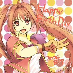  1girl antenna_hair brown_hair commentary_request cropped_jacket double-parted_bangs eiyuu_densetsu estelle_bright fingerless_gloves gloves hair_intakes happy_birthday highres koyagistock long_hair looking_at_viewer open_mouth red_eyes simple_background solo sora_no_kiseki twintails v 
