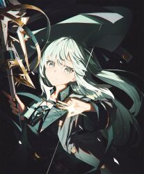  1girl aqua_eyes aqua_hair black_background black_jacket black_ribbon collared_shirt commentary_request crossed_bangs hair_ribbon hat highres holding holding_staff jacket lapels long_hair looking_at_viewer mage_staff nagishiro_mito neck_ribbon original ribbon shirt side_ponytail sidelocks simple_background solo staff upper_body v witch witch_hat 