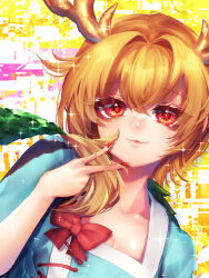  1girl blonde_hair blue_shirt bow breasts closed_mouth dragon_horns dragon_tail fur-tipped_tail green_scales green_tail highres horns kicchou_yachie light_smile looking_at_viewer red_bow red_eyes red_nails same_tiii shirt short_hair smile solo square_neckline tail touhou turtle_shell upper_body v yellow_horns 