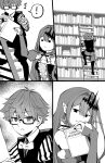  1boy 1girl center_frills detached_collar detached_sleeves fairy_knight_tristan_(fate) fate/extra fate/extra_ccc fate/grand_order fate_(series) frills glasses greyscale hans_christian_andersen_(fate) highres hirunagi monochrome pointy_ears shirt striped striped_shirt tiara vertical-striped_shirt vertical_stripes 