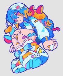  1girl backpack bag bandaid bandaid_on_finger bandaid_on_hand bandaid_on_leg blue_hair blue_pupils blue_shorts blue_vest blush_stickers closed_mouth commentary dot_nose double-parted_bangs full_body grey_background hair_between_eyes highres long_sleeves looking_at_viewer mikiwo_eko53 multicolored_eyes multicolored_hair open_clothes open_vest orange_eyes orange_streaks original red_eyes rubber_duck shirt shoes short_hair shorts simple_background sneakers socks solo streaked_hair two-tone_eyes untranslatable_commentary vest white_shirt white_socks yellow_shoes 
