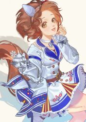  1girl absurdres animal_ears belt blush braid breasts brown_belt brown_eyes brown_hair choker commentary crown_braid dress ear_covers english_commentary gloves hairband highres horse_ears horse_girl horse_tail long_sleeves looking_at_viewer open_mouth short_hair smile snowflake_choker snowflakes solo tail umamusume white_choker yukino_bijin_(darl'n_snowflake)_(umamusume) yukino_bijin_(umamusume) zytl 