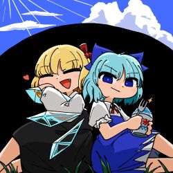  2girls absurdres black_skirt black_vest blonde_hair blue_bow blue_dress blue_eyes blue_hair blue_sky bow cirno closed_eyes closed_mouth clouds collared_shirt commentary_request darkness day detached_wings dress facing_viewer fang food fork hair_bow hair_ribbon heart highres holding holding_fork ice ice_wings looking_at_viewer multiple_girls open_mouth orientalzenzai outdoors pinafore_dress red_ribbon ribbon rumia shaved_ice shirt sitting skirt skirt_set sky sleeveless sleeveless_dress smile touhou umbrakinesis vest white_shirt wings 