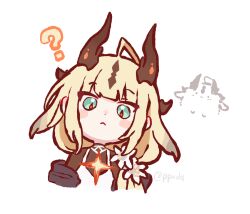  1girl :< ? ahoge arknights blonde_hair blush_stickers bodystocking chibi dragon_girl dragon_horns dress flower green_eyes hair_flower hair_ornament horns jacket long_hair official_alternate_costume open_clothes open_jacket ppxdq reed_(arknights) reed_the_flame_shadow_(arknights) simple_background solo twitter_username upper_body white_background white_dress 