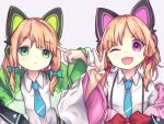  2girls absurdres animal_ears bangs black_legwear black_shorts black_skirt blonde_hair blue_archive blue_bow blue_neckwear bow cat_ear_headphones cat_ears cholete1 collared_shirt commentary_request eyebrows_visible_through_hair fake_animal_ears grin hair_bow halo hand_up headphones highres jacket long_sleeves looking_at_viewer midori_(blue_archive) momoi_(blue_archive) multiple_girls necktie off_shoulder open_clothes open_jacket parted_lips pleated_skirt red_bow shirt short_shorts shorts sidelocks simple_background skirt sleeves_past_wrists smile tail_raised thigh-highs twintails white_jacket white_shirt 