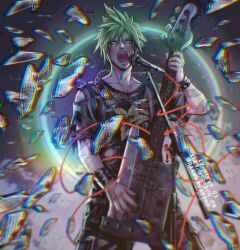  1boy alternate_costume black_pants black_shirt blonde_hair broken_glass chain chain_necklace cloud_strife commentary cowboy_shot final_fantasy final_fantasy_vii glass guitar highres instrument jewelry looking_at_viewer male_focus microphone_stand monsterbf1ilove necklace open_mouth pants playing_guitar playing_instrument shirt short_hair singing solo spiky_hair torn_clothes twitter_username untranslatable_commentary 