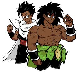  2boys abs alternate_skin_color black_eyes black_hair black_pants black_wrist_cuffs broly_(dragon_ball_super) cape dark-skinned_male dark_skin dragon_ball dragon_ball_super dragon_ball_super_broly dragon_ball_super_super_hero glasses highres male_focus multiple_boys muscular muscular_male pants pectorals pelt saiyan_armor sash scar scar_on_cheek scar_on_chest scar_on_face short_hair shoulder_pads simple_background son_gohan spiky_hair teknodice topless_male toriyama_akira_(style) upper_body white_background white_cape white_sash wrist_cuffs wristband 