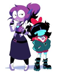  1girl 1other alternate_hairstyle aqua_(deltarune) aqua_jacket aqua_skin black_boots black_hair black_pantyhose blue_feathers blunt_bangs boots bow buck_teeth collared_shirt colored_skin commentary covered_eyes deltarune english_commentary feather_hair_ornament feathers full_body glasses hair_bow hair_ornament half-closed_eyes heart_pendant height_difference highres jacket looking_at_viewer pantyhose partially_open_jacket plunging_neckline ponytail purple_hair purple_skin purple_skirt purple_vest red_bow red_shorts round_eyewear seth_(deltarune) shadow shirt shoes short_side_ponytail short_twintails shorts side_ponytail skirt smirk socks solid_oval_eyes standing teeth tommy_tornad0 twintails utdr_(toby_fox) vest white_shirt white_shoes white_socks 