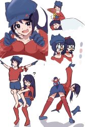  2girls ? barefoot blue_hair blue_skirt cappie_(miside) claw_pose fake_facial_hair fake_mustache fang glasses hair_ornament hairclip highres long_hair looking_at_viewer miside mita_(miside) multiple_girls ponytail purple_hair red_shirt red_thighhighs shirt skin_fang skirt sleepy_mita_(miside) thigh-highs violet_eyes white_background yame_pi 
