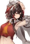  1girl absurdres armpits arms_up ascot bow brown_eyes brown_hair detached_sleeves hair_between_eyes hair_bow hair_tubes hakurei_reimu highres long_hair looking_at_viewer midriff migata simple_background solo touhou upper_body wide_sleeves yellow_ascot 