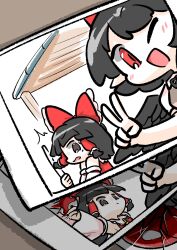  2girls :d ;d ^^^ bird_wings black_eyes black_hair black_wings blush bow commentary_request detached_sleeves frilled_bow frilled_hair_tubes frills hair_bow hair_tubes hakurei_reimu hat highres long_hair multiple_girls one_eye_closed orb photo_(object) red_bow red_eyes red_hat shameimaru_aya smile surprised tanishi_0 tokin_hat touhou v wings yin_yang yin_yang_orb 