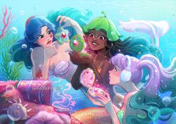  3girls air_bubble aqua_hair artist_name bikini black_hair blue_hair brown_eyes bubble commentary cora_(luztapiaart) coral dark-skinned_female dark_skin english_commentary headphones holding lila_(luztapiaart) long_hair luztapiaart merfolk mermaid monster_girl multicolored_hair multiple_girls original purple_hair seaweed shell shell_bikini swimsuit twintails two-tone_hair underwater very_dark_skin victoria_(luztapiaart) 