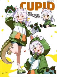  1girl :d ;d absurdres ahoge animal_ear_fluff animal_ears animal_hands asymmetrical_footwear blunt_bangs blush character_name chibi closed_mouth commentary crocodilian_tail crocs cupid_(vtuber) dog_ears dog_girl english_commentary english_text full_body gloves green_hoodie green_shoes green_shorts green_streaks heart hepari highres hood hood_down hoodie indie_virtual_youtuber leg_up long_hair long_sleeves looking_at_viewer mismatched_footwear multicolored_hair multiple_views one_eye_closed open_mouth paw_gloves sharp_teeth shoes shorts sidelocks simple_background smile standing standing_on_one_leg streaked_hair tail teeth twitter_username upper_teeth_only virtual_youtuber white_background white_hair yellow_shoes 