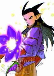  1boy 2026 artist_name black_hair closed_mouth commentary_request dragon_quest dragon_quest_builders_2 flower gloves hair_horns highres holding holding_flower jacket long_hair male_focus mouyi orange_pants pants pointy_ears purple_flower purple_jacket red_eyes red_gloves sample_watermark sidoh_(dqb2) signature solo upper_body watermark white_background 
