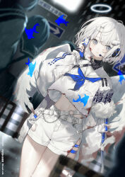  1girl absurdres bandaid bandaid_on_neck belt belt_buckle blood blood_on_face blue_neckerchief blunt_bangs buckle cellphone closed_mouth colored_skin crop_top dot_nose feathered_wings fish flip_phone grey_eyes halo highres holding holding_phone horns limited_palette long_sleeves mask mole mole_under_eye moriyama_meiko mouth_mask multiple_belts navel neckerchief o-ring original outdoors people phone pocket sailor_collar school_uniform shirt short_hair shorts single_horn skindentation small_horns solo_focus thighs torn_clothes torn_shirt water_drop white_belt white_hair white_halo white_sailor_collar white_shorts white_skin white_wings wings 