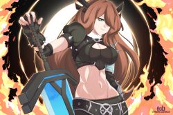  arm_armor artist_name black_dress brown_hair commentary cosplay crop_top dress english_commentary fingerless_gloves gloves green_eyes hair_over_one_eye highres holding holding_weapon iris_(mega_man) long_hair magik_(x-men) marvel marvel_tokon:_fighting_souls mega_man_(series) mega_man_x_(series) rob_(robarts) shorts sword weapon 