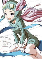  1girl absurdres altaria asuka_(pixiv82529874) commentary_request floating_hair gloves goggles helmet highres looking_ahead open_mouth pilot_helmet pink_hair pokemon pokemon_(creature) signature sitting sitting_on_pokemon violet_eyes wariza white_gloves winona_(pokemon) 