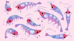  animal animal_focus antennae artist_name black_eyes closed_mouth crustacean heart no_humans open_mouth original pikaole pink_background shrimp simple_background smile 