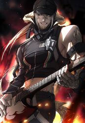  1boy absurdres au_ra black_hat black_pants black_shirt blonde_hair crop_top duo_he_dian_guigushi embers final_fantasy final_fantasy_xiv fire grin guitar hair_between_eyes hat highres holding holding_guitar holding_instrument horns instrument long_hair looking_at_viewer pants playing_instrument shirt smile solo warrior_of_light_(ff14) 