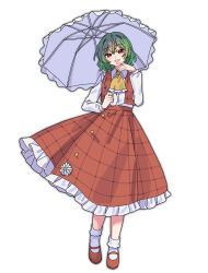  1girl absurdres ascot collared_shirt commentary_request frilled_skirt frills full_body green_hair highres holding holding_umbrella kazami_yuuka long_sleeves looking_at_viewer mary_janes nnn_lu one-hour_drawing_challenge open_clothes open_mouth open_vest plaid_clothes plaid_skirt plaid_vest red_eyes red_shoes red_vest shirt shoes simple_background skirt skirt_set smile socks solo touhou umbrella vest white_background white_shirt white_socks yellow_ascot 
