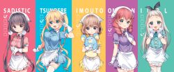  1boy 4girls :d :i :o adjusting_skirt amano_miu apron arami_o_8 arm_up black_hair black_trim blend_s blonde_hair blue_background blue_eyes blue_shirt blue_skirt blunt_bangs blush braid breasts brown_hair buttons checkmark closed_mouth collared_shirt column_lineup contrapposto contrast_collar cowboy_shot crossdressing crossdressing_(mtf) crossed_bangs english_text finger_to_mouth finger_to_own_chin frilled_apron frills gloves green_eyes hair_between_eyes hair_intakes headscarf hinata_kaho holding holding_stuffed_toy hoshikawa_mafuyu large_breasts long_hair long_sidelocks looking_at_viewer low_twin_braids medium_breasts medium_hair miniskirt multiple_girls open_mouth own_hands_together pink_shirt pink_skirt pleated_skirt pout puffy_short_sleeves puffy_sleeves purple_background purple_shirt purple_skirt raised_inner_eyebrows red_background red_hair round_teeth sakuranomiya_maika shirt short_sleeves shushing sidelocks skirt smile solo standing star_(symbol) steepled_fingers stile_uniform straight-on stuffed_animal stuffed_mouse stuffed_toy teeth thigh-highs trap twin_braids twintails upper_teeth_only v v_over_eye variant_set very_long_hair very_long_sidelocks violet_eyes waist_apron white_apron white_gloves white_headscarf white_thighhighs yellow_background yellow_shirt yellow_skirt 