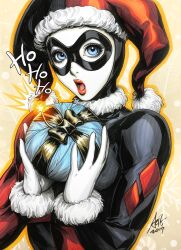  1girl batman_(series) black_mask blue_eyes bomb commentary dc_comics domino_mask english_commentary explosive eye_mask fur_trim gift gloves harley_quinn_(classic) hat highres holding holding_bomb looking_at_viewer marker_(medium) mask open_mouth red_lips santa_hat scan signature solo stanley_lau traditional_media upper_body white_gloves 