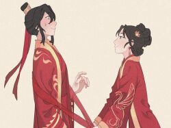 2girls absurdres black_eyes black_hair charathegay chinese_clothes commentary dress earrings hanfu highres holding_sash jewelry jing_wei_qing_shang multiple_girls nangong_jingnu qiyan_agula red_hanfu small_sweatdrop topknot wedding_dress yellow_eyes 