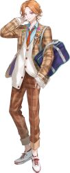  1boy bag blazer blue_bag blue_shirt brown_jacket brown_pants cardigan checkered_clothes checkered_jacket checkered_pants earrings flower_pin hand_in_pocket highres jacket jewelry koujisako lapel_pin lapels layered_clothes layered_sleeves looking_at_viewer multicolored_shoes necktie notched_lapels official_art open_clothes open_jacket orange_hair pants partially_unbuttoned pin pink_eyes ponytail rabbit_pin red_necktie school_bag school_uniform shirt short_ponytail single_earring smile strange_eden stud_earrings two-tone_shoes uzuki_hinata_(strange_eden) white_cardigan white_trim 