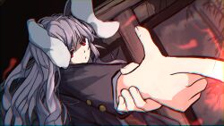  1girl animal_ears black_jacket commentary_request finger_gun hand_on_own_arm highres jacket long_hair purple_hair rabbit_ears rabbit_girl red_eyes refuson_man reisen_udongein_inaba solo touhou upper_body v-shaped_eyebrows 