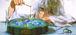  1girl 4fine4 absurdres chinese_commentary commentary_request dark-skinned_female dark_skin false_memory fishing fishing_rod green_eyes highres holding holding_fishing_rod long_sleeves shirt solo table toy water white_hair white_shirt yi_(false_memory) 