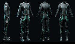  3d absurdres aqua_trim belt black_bodysuit blender_(medium) bodysuit boots commentary company_logo copyright_logo copyright_name dark_background dated english_commentary eve_online from_behind from_side full_body gallente_federation_(eve_online) grey_background grey_belt highres honeycomb_(pattern) honeycomb_print logo long_sleeves marmoset_toolbag_(medium) maya_(medium) multiple_views no_humans official_art photorealistic realistic science_fiction undoz zbrush_(medium) 