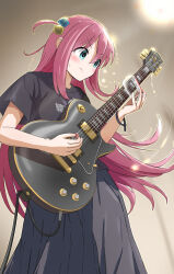 1girl absurdres ahoge black_shirt black_skirt blue_eyes blush bocchi_the_rock! cable_tie cable_tie_around_wrist commentary cowboy_shot cube_hair_ornament cup determined drinking_glass electric_guitar gibson_les_paul gotoh_hitori guitar hair_between_eyes hair_ornament highres holding holding_cup holding_guitar holding_instrument holding_plectrum instrument kessoku_band_logo kessoku_band_t-shirt long_hair long_skirt looking_at_object pink_hair playing_guitar playing_instrument plectrum shirt short_sleeves side_ahoge sim_evo simple_background skirt solo 