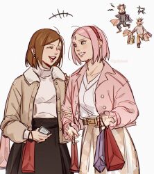  2boys 2girls bag belt black_headband boruto:_naruto_next_generations boruto_(series) bracelet brown_belt closed_eyes commentary crossover earrings english_commentary facial_mark forehead_mark gelleytoast grabbing_another's_arm hairband haruno_sakura headband highres holding holding_bag holding_phone itadori_yuji jewelry jujutsu_kaisen jujutsu_tech_uniform kugisaki_nobara medium_hair multiple_boys multiple_girls naruto_(series) naruto_shippuuden open_mouth phone red_hairband shopping_bag smile twitter_username uzumaki_naruto 