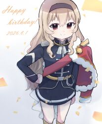  1girl arm_at_side belt belt_buckle black_jacket black_skirt blonde_hair blush boots brown_eyes buckle closed_mouth commentary confetti dated epaulettes feet_out_of_frame fur-trimmed_jacket fur_trim futon_(huton0v0) gradient_background grey_background grey_hairband hair_between_eyes hairband hand_on_own_hip happy_birthday highres jacket jacket_on_shoulders knee_boots long_hair long_sleeves looking_at_viewer miniskirt red_jacket red_sash saijo_claudine sash shoujo_kageki_revue_starlight shoulder_sash sidelocks single_horizontal_stripe skirt smile solo standing striped_clothes striped_skirt tassel two-tone_background very_long_hair waist_cape white_background yellow_belt yellow_boots 