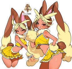  absurdres animal_ears blonde_hair brown_eyes brown_hair cheerleader colored_bangs dark-skinned_female dark_skin dixretsa fur_collar fur_cuffs highres humanization leaning_forward lopunny miniskirt pokemon pokemon_diamond/pearl/platinum pom_pom_(cheerleading) rabbit_ears rabbit_tail signature skirt smile tail tank_top very_long_ears yellow_skirt yellow_tank_top 