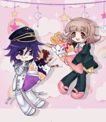  1boy arm_belt bag bow buttons checkered_clothes checkered_neckerchief checkered_scarf cross-laced_jacket danganronpa_(series) double-breasted flipped_hair food full_moon holding holding_food holding_ice_cream ice_cream lennardo_(grim_the_end) medium_hair monokuma monomi_(danganronpa) moon multicolored_buttons nanami_chiaki neckerchief no_hair_ornament oma_kokichi pink_bag pink_bow pink_eyes scarf star_(symbol) two-tone_scarf two-tone_shirt 