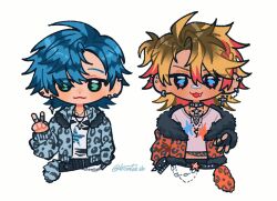  2boys :3 alternate_costume alternate_hairstyle animal_print axel_syrios belt black_belt black_choker blonde_hair blue_eyes blue_hair blue_jacket choker cropped_torso ear_piercing fang fashion fishnet_top fishnets fur-trimmed_jacket fur_trim green_eyes gyaruo hiimtae_sb holostars holostars_english jacket jewelry leopard_print male_focus medium_hair multicolored_hair multiple_boys necklace orange_jacket piercing red_streaks regis_altare ring shirt streaked_hair tail_keychain torn_clothes torn_shirt upper_body v virtual_youtuber white_background white_shirt 